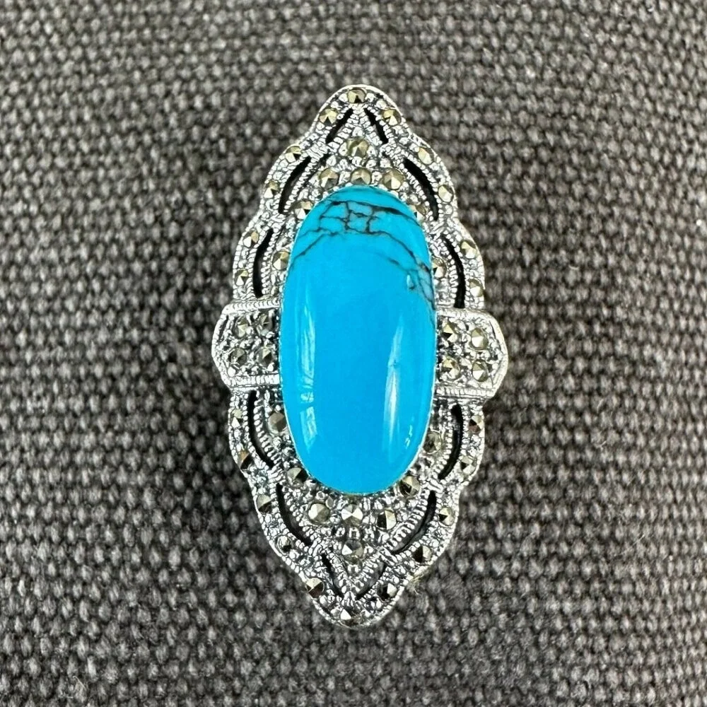 Sterling Silver Southwestern Marcasite Turquoise‎ Ring 7 NEW 925 Tall